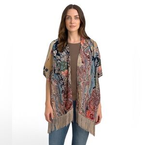 Chico’s Shawl Poncho Kaftan Floral Paisley with Fringe Multicolor L/XL